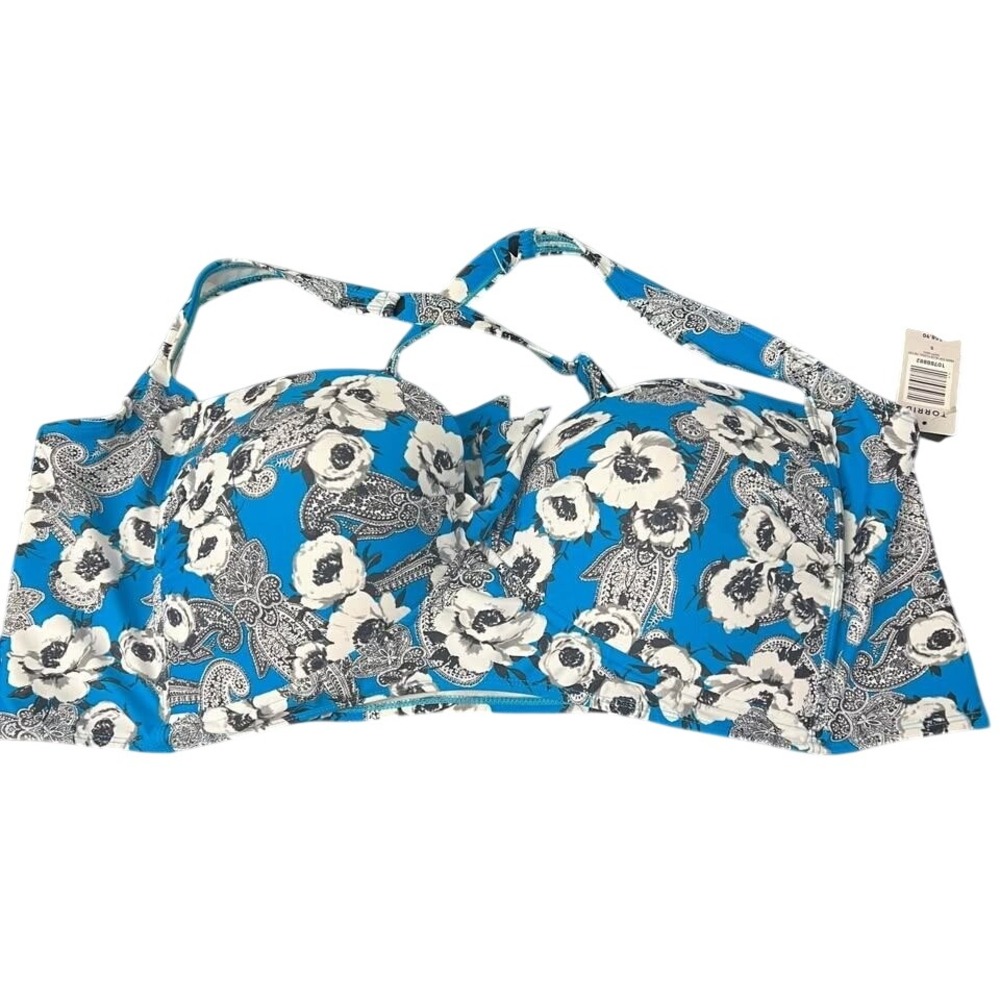 TORRID Sz 5 Turquoise White Paisley Poppy‎ Flowers Bikini Top Swimwear Plus Size